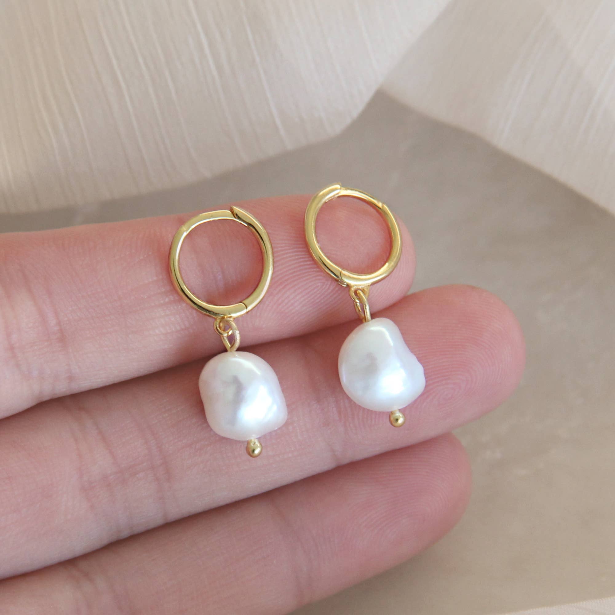 Pearl Drop Hoop Earrings: Gold