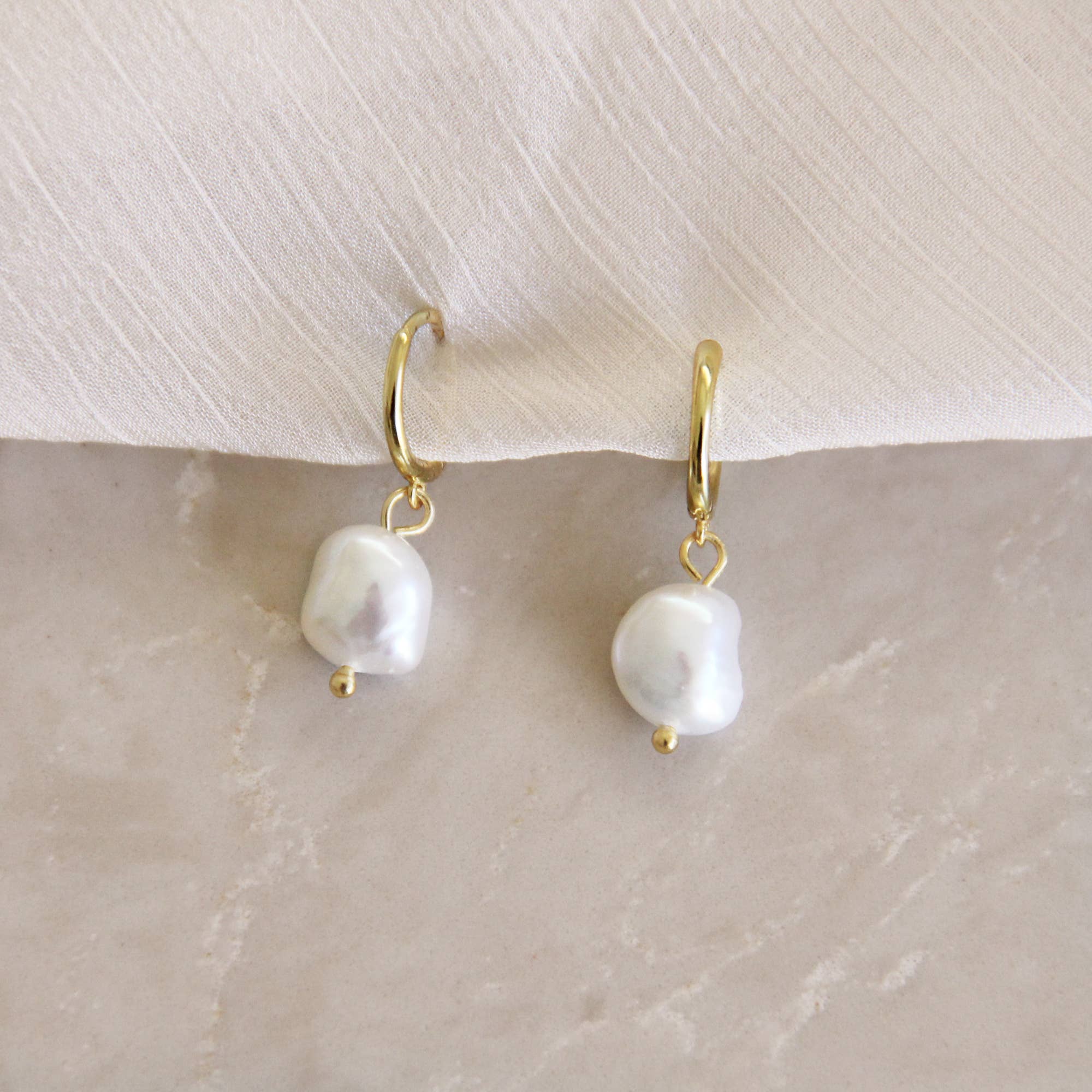 Pearl Drop Hoop Earrings: Gold